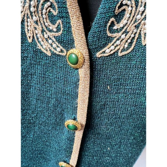 Jaclyn Smith Beaded and Embroidered Cardigan Sweater M Green, Gold Metallic Th - Picture 8 of 16